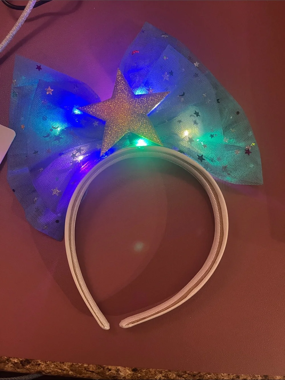 Glitter Star Bow Headband in Purple & Blue lights up